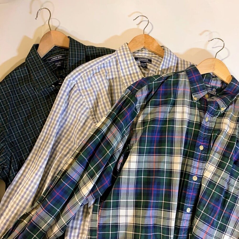 Lands' End Men's Plaid Check (Lot of 3) Button Up Long Sleeve Shirt Size 16.5/32
